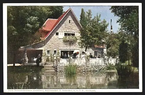 AK Stuttgart, Bauausstellung 1908, Besucher auf Terrasse am Wasser