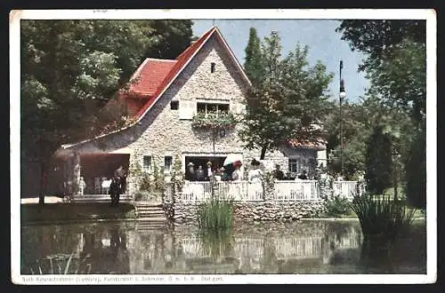 AK Stuttgart, Bauausstellung 1908, Besucher auf Terrasse am Wasser