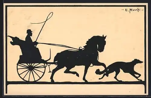 Künstler-AK Meissner & Buch (M&B), sign. U. Mochi: Fahrer im Einspänner und Windhund, Schattenbild