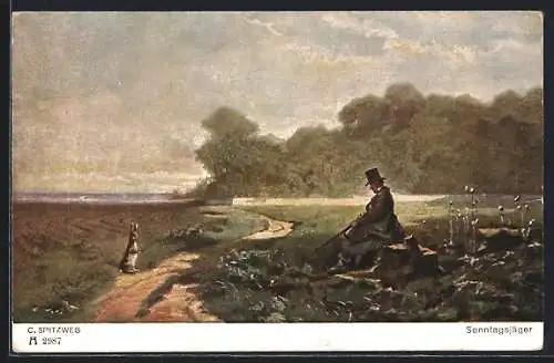 Künstler-AK Carl Spitzweg: Sonntagsjäger schläft auf Baumstumpf, Hase