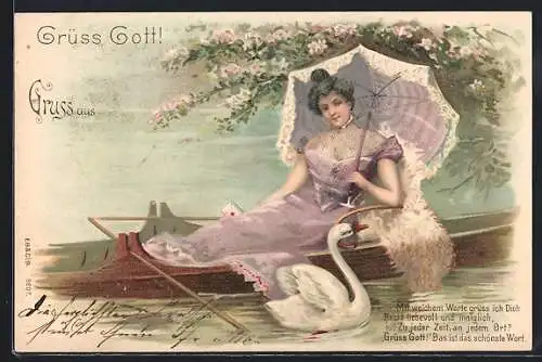 Glitzer-Perl-AK Eine Dame mit Sonnenschirm auf einem Ruderboot auf dem Schwanensee