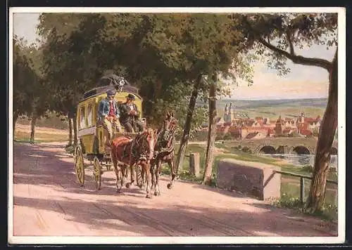 Künstler-AK P. Hey: Postkutsche verlässt den Ort