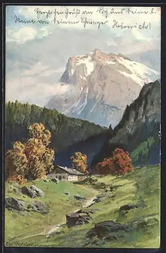 Künstler-AK August Splitgerber: Haus in Berglandschaft im Herbst