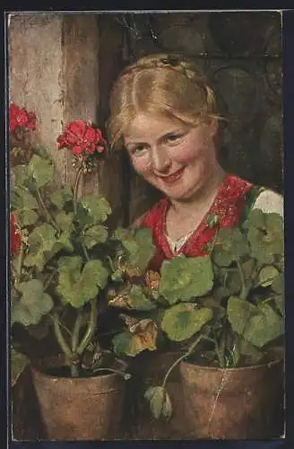 Künstler-AK sign. Hugo Engl: Unter Blumen, Mädchen im Fenster mit Geranien