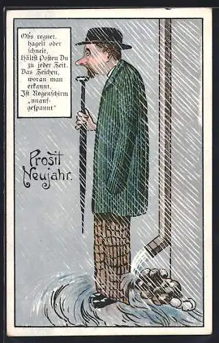 AK Mann mit unaufgespanntem Schirm im Regen, Neujahrsgruss