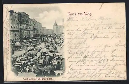AK Wels, Wochenmarkt am Stadtplatz