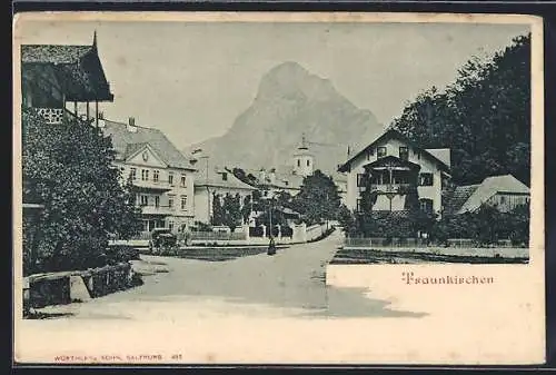 AK Traunkirchen, Strassenpartie mit Berg