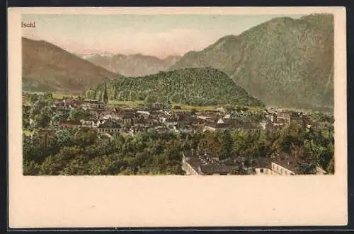 Lithographie Ischl, Teilansicht mit Kirche