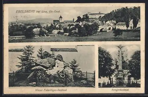 AK Ebelsberg, Wiener Freiwilligen-Denkmal, Kriegerdenkmal und Gesamtansicht