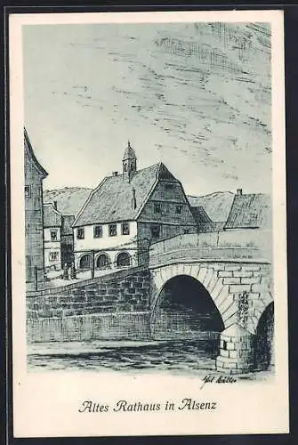 Künstler-AK Alsenz, Altes Rathaus mit Brücke