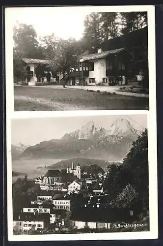 AK Berchtesgaden, Gasthaus und Ortsansicht mit Bergpanorama