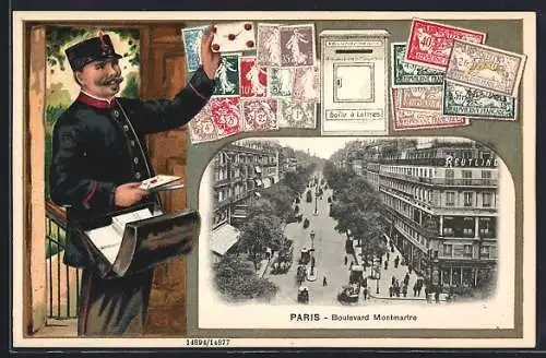AK Paris, Boulevard Montmartre, Postbote mit Brief und Briefmarken, Passepartout