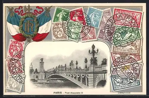 Passepartout-AK Paris, Pont Alexandre III., Briefmarken