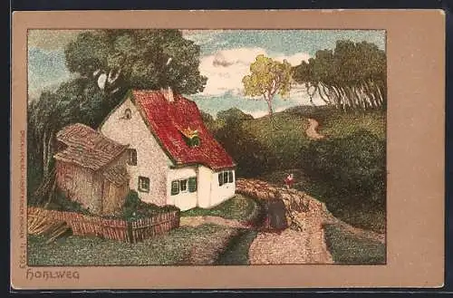 Künstler-AK sign. Hans Weber: Hohlweg und Haus in sommerlicher Landschaft