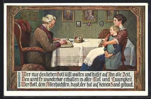 Künstler-AK sign. T. Durst: Wer nur den lieben Gott lässt walten und hoffet auf Ihn alle Zeit..., Familie am Tisch