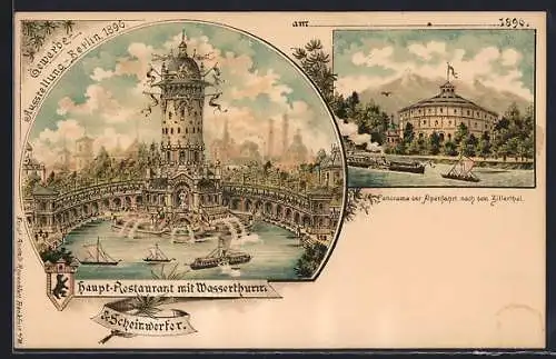 Lithographie Berlin, Gewerbe-Ausstellung 1896, Haupt-Restaurant mit Wasserturm & Scheinwerfer, Dampfer