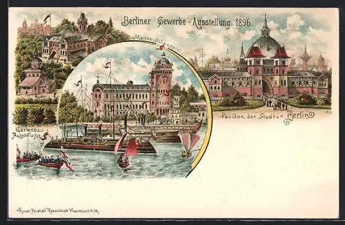 Lithographie Berlin, Gewerbe-Ausstellung 1896, Pavillon der Stadt Berlin, Marine-Schauspiel