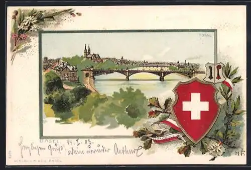 Lithographie Basel, Totalansichte mit Brücken, Wappen