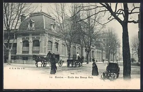 AK Geneve, Ecole des Beaux Arts mit Droschken