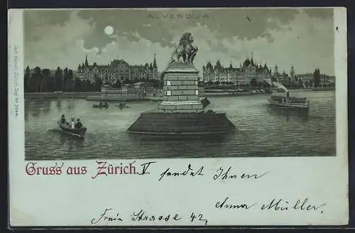 Mondschein-Lithographie Zürich, Alpenquai mit Löwendenkmal