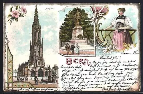 Lithographie Bern, Blick auf Münster, Adrian von Bubenberg Denkmal und Frau in Tracht