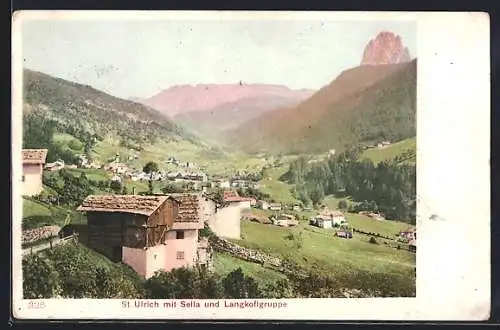 AK St. Ulrich, Ortsansicht mit Sella und Langkofelgruppe