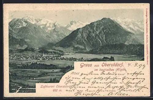AK Oberstdorf, Ortsansicht mit Blick auf den Allgäu