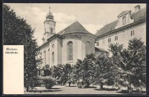 AK Mainau, Schlosskirche mit Palmen