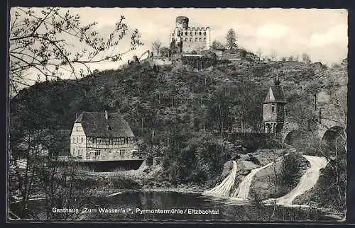 AK Pyrmontermühle /Eltzbachtal, Gasthaus-Pension zum Wasserfall A. Spies, mit Burg und Turm