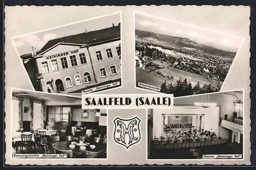 AK Saalfeld / Saale, Theater Meininger Hof, Innen- und Aussenansicht, Konsumgaststätte Meininger Hof, Ortsansicht