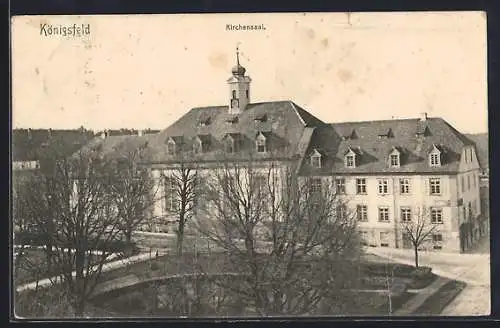 AK Königsfeld / Baden, Kirchensaal mit Teich