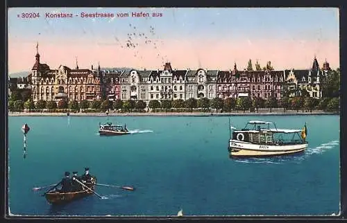 AK Konstanz, Seestrasse mit Boot Baden vom Hafen aus