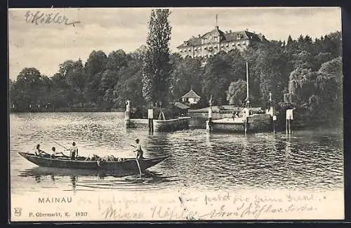 AK Mainau, Uferpartie mit Schloss