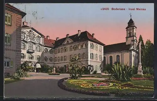 AK Insel Mainau /Bodensee, Schloss mit Kirche und Denkmal