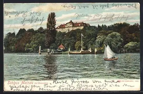 AK Mainau bei Konstanz, Schloss Mainau mit Segelboot