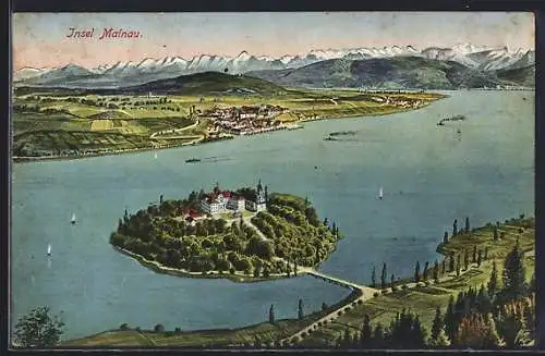 Künstler-AK Insel Mainau, Ortsansicht mit Schloss