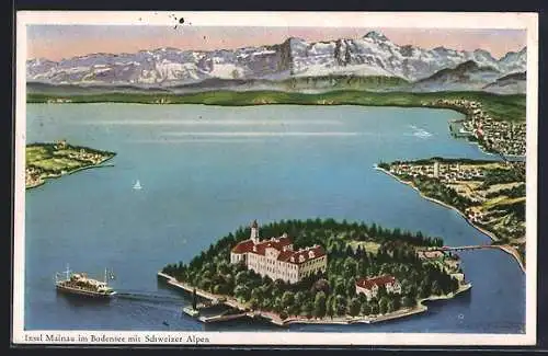 Künstler-AK Insel Mainau im Bodensee, Ortsansicht mit Schweizer Alpen