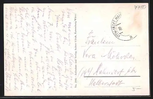 Künstler-AK Insel Mainau im Bodensee, Ortsansicht mit Schweizer Alpen