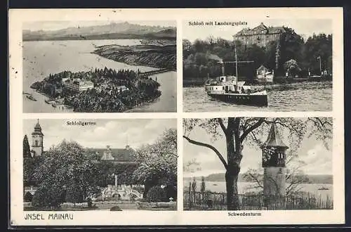 AK Insel Mainau, Schloss mit Landungsplatz, Schlossgarten, Schwedenturm