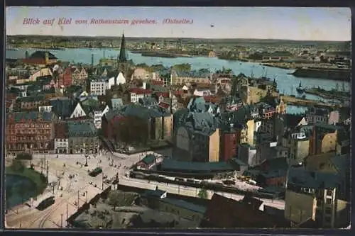 AK Kiel, Stadtblick vom Rathausturm mit Strassenbahn