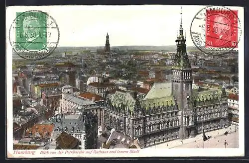 AK Hamburg, Blick von der Petrikirche auf Rathaus und innere Stadt