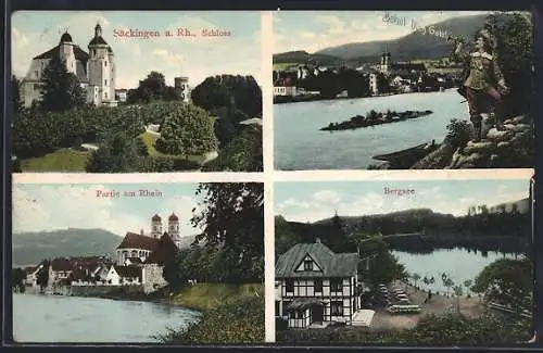 AK Säckingen a. Rhein, das Schloss, am Bergsee, Kirche am Rheinufer