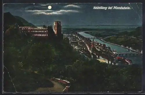 AK Heidelberg / Neckar, Stadtpanorama im Mondschein