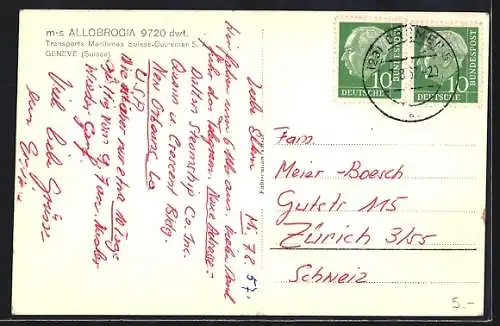 AK Handelsschiff Allobrogia in Fahrt, Transports Maritimes Suisse-Outremer