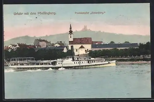 AK Urfahr, Postdampfer Babenberg, Blick zum Pöstlingberg