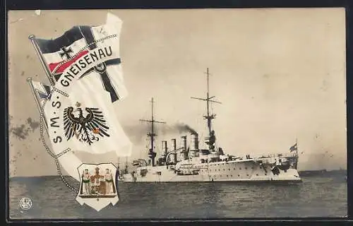 AK Kriegsschiff SMS Gneisenau, Reichskriegsfahne und Wappen