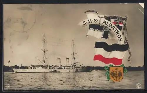 AK Kriegsschiff S. M. S. Albatros, Reichskriegsfahne und Wappen