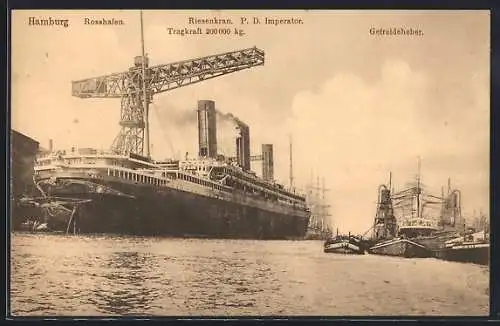 AK Hamburg, Hafenblick mit Riesenkran, Passagierschiff Imperator, Getreideheber