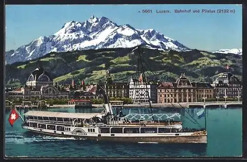 AK Luzern, Dampfer Stadt Luzern vor Bahnhof und Pilatus