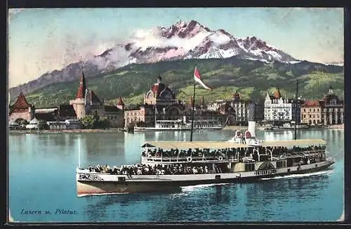 AK Luzern, Salondampfer Unterwalden mit Pilatus